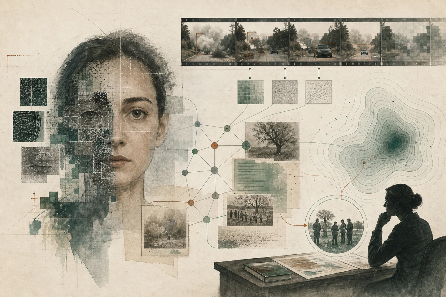 Conceptual illustration connecting manipulated media, multimodal evidence, uncertainty and human safety review